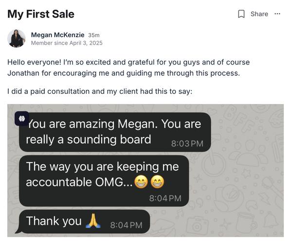 Megan McKenzie: Landed her first paid consultation